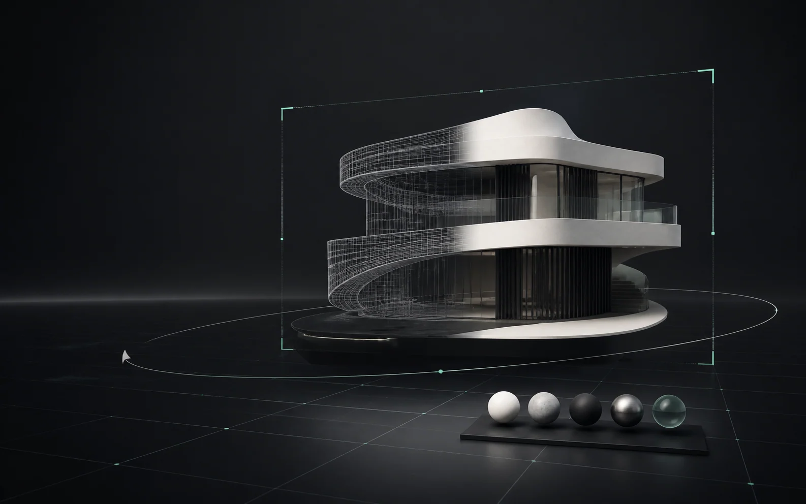 An architectural 3D model shown partly finished and partly in wireframe inside a private model inspection space.